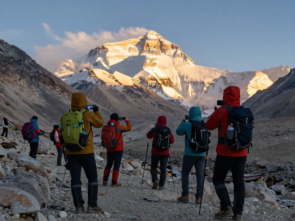 Captivating view during Everest Base Camp Heli Trek, trekkers on rocky terrain with majestic mountains.