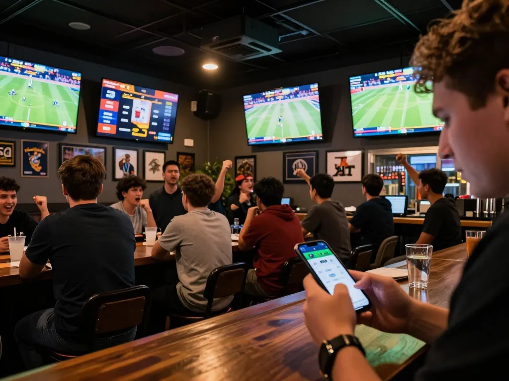 Betting on RR88 NAVY app while enjoying live sports in a vibrant sports bar atmosphere