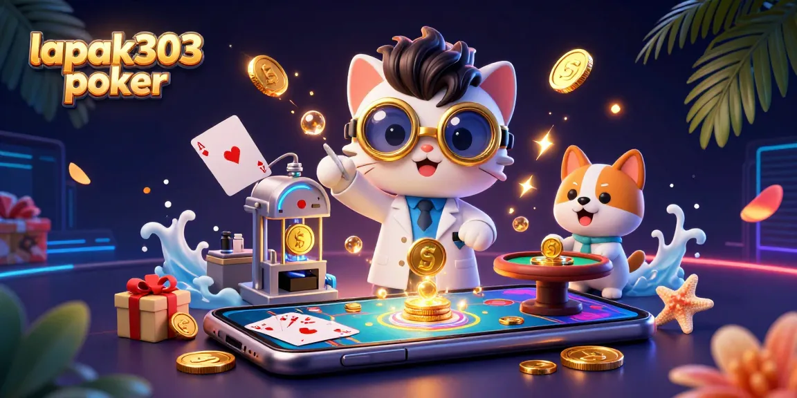 Permainan poker di lapak303 poker dengan karakter kucing ilmuwan dan anjing asisten dalam ilustrasi 3D penuh warna.