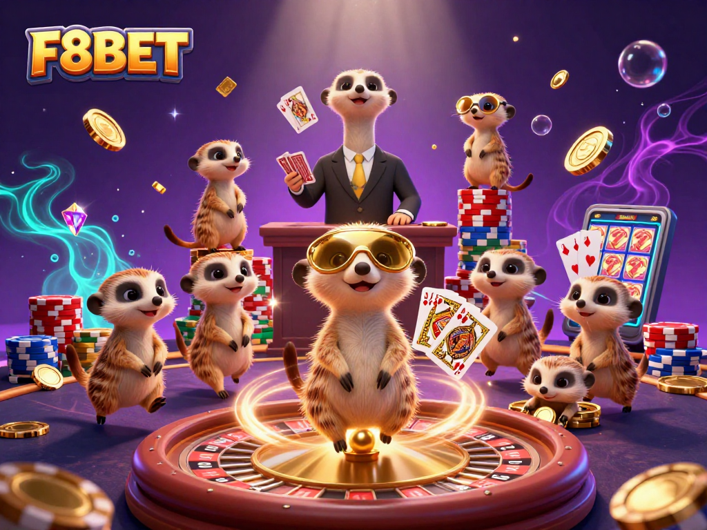 Experience F8BET's vibrant casino life with playful meerkats, chips, and spinning roulette.