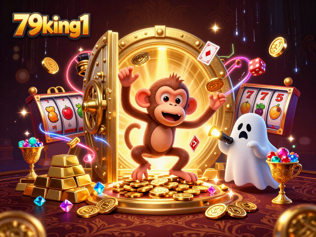 Experience the thrilling chase with 79king1: A playful poltergeist monkey and a ghost-hunting puppy in a vibrant casino.