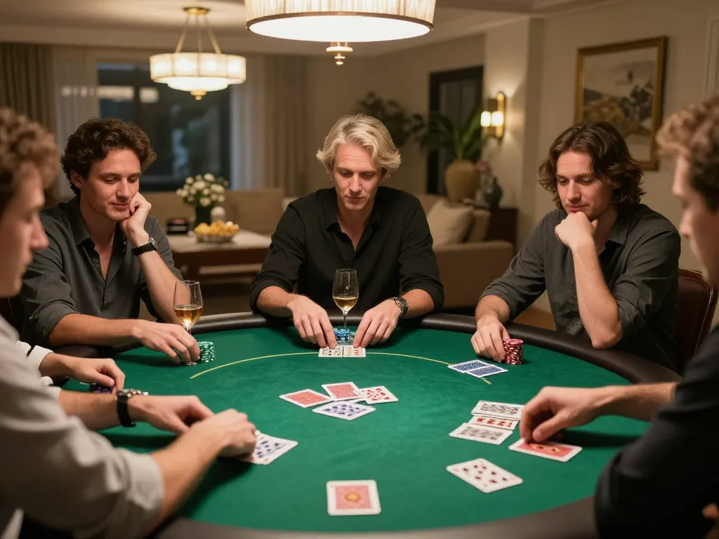 Players engaging in strategic debet poker game at home with drinks and snacks