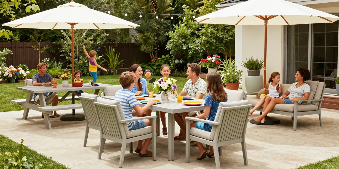Enjoying outdoor gatherings with affordable patio furniture like Driftwood Gray Camden Club Chairs and dining sets.