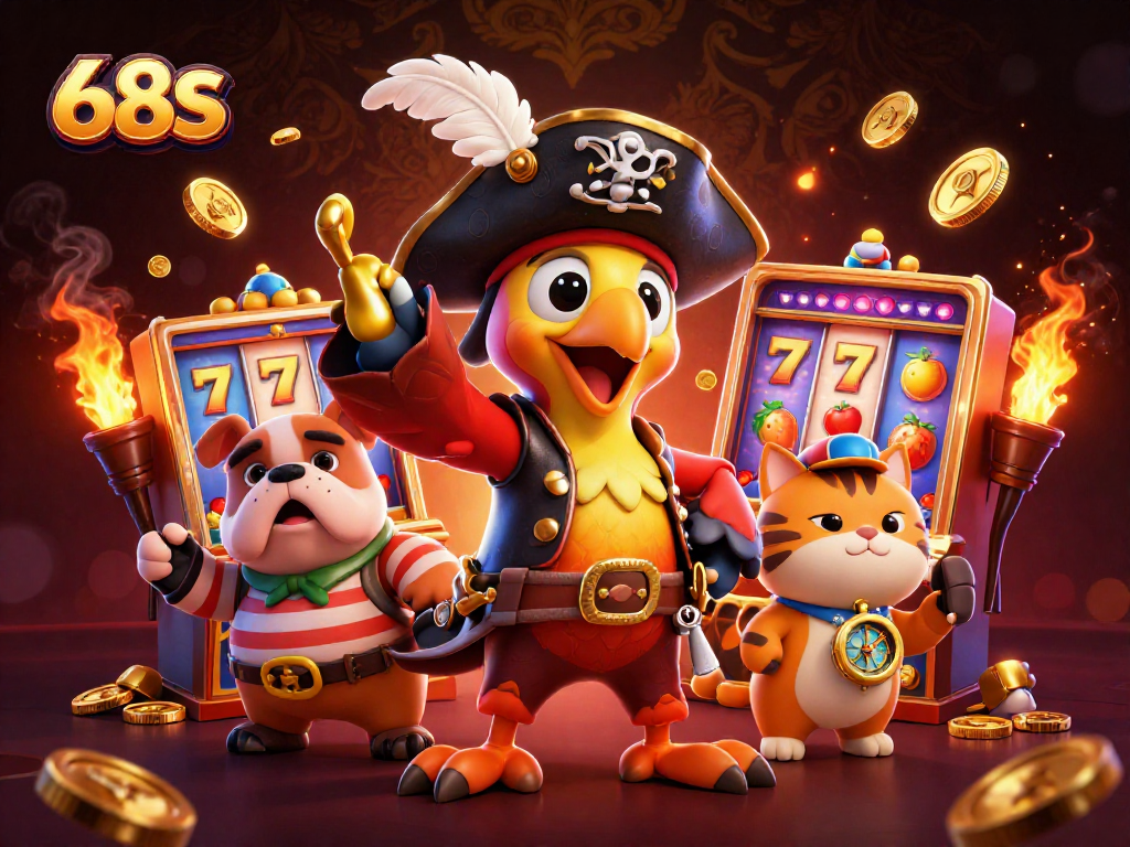 Slot 68S animado com pirata, bulldog e gato, girando roletas e símbolos de frutas.