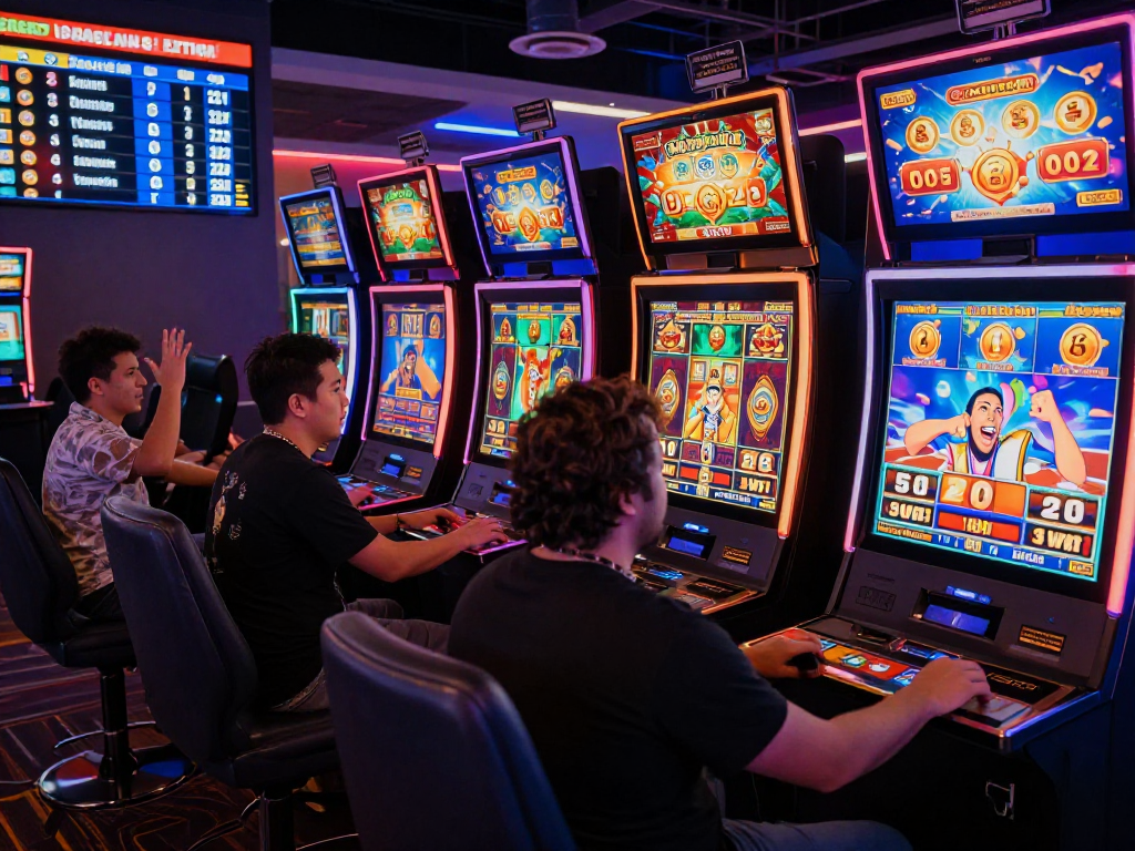 Vibrant online casino scene with players enjoying agen gacor slot machines, surrounded by neon lights and daily bonuses.