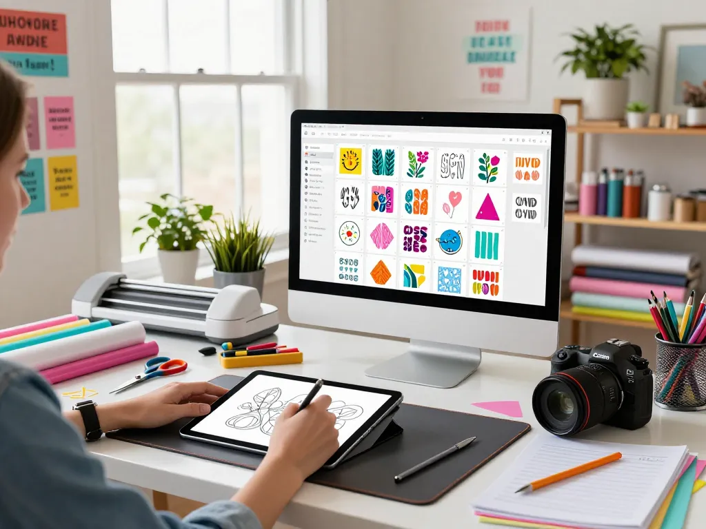 Artist working with Svg files in a vibrant craft room surrounded by materials and inspiration.