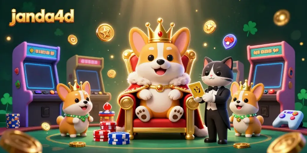 Ilustrasi 3D janda4d dengan corgi kerajaan dan elemen mesin slot di kasino yang meriah.
