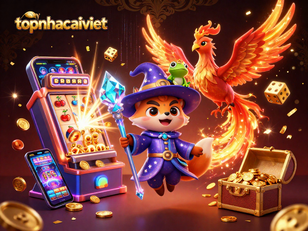 Experience the excitement of topnhacaiviet with a mystical fox wizard and casino elements in a vibrant scene.