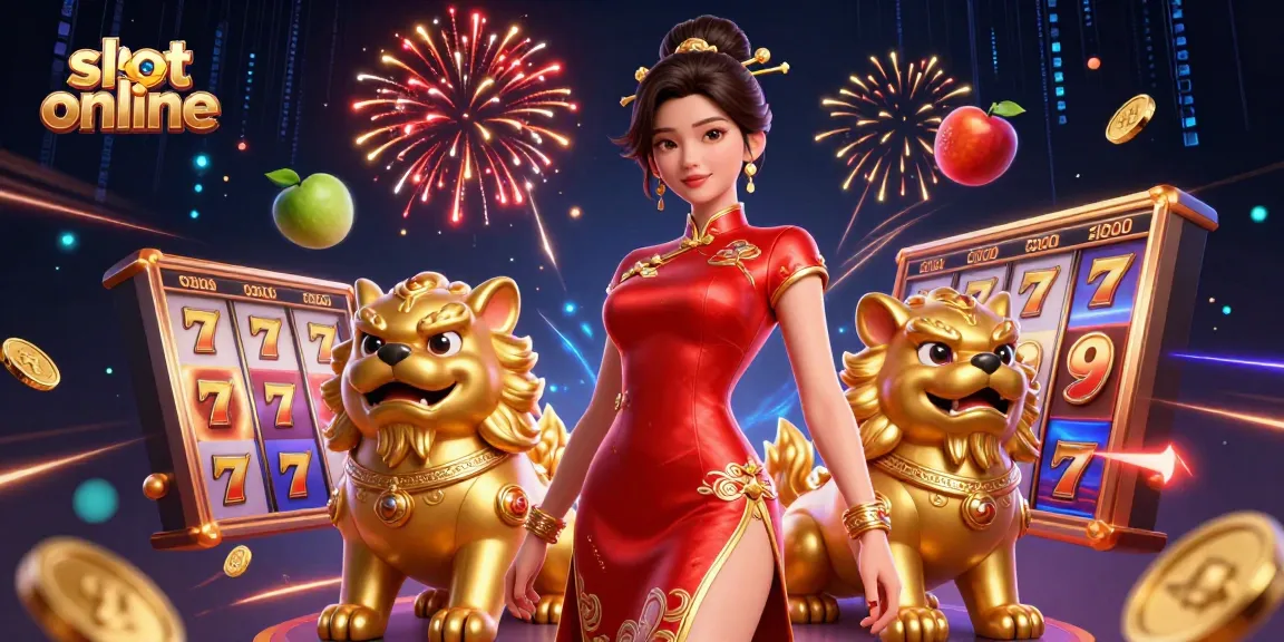 Play exciting slot online games with a glamorous Asian character and vibrant game elements.