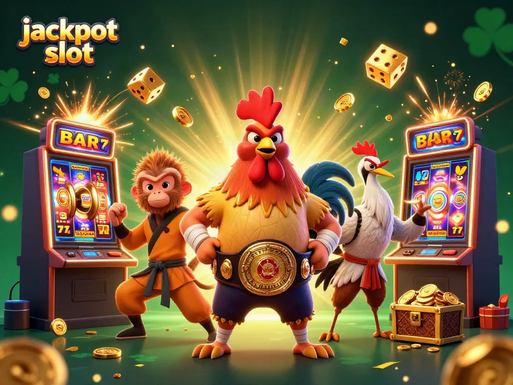 Engage with the jackpot slot adventure featuring vibrant characters, bursting slot machines, and energetic casino symbols.