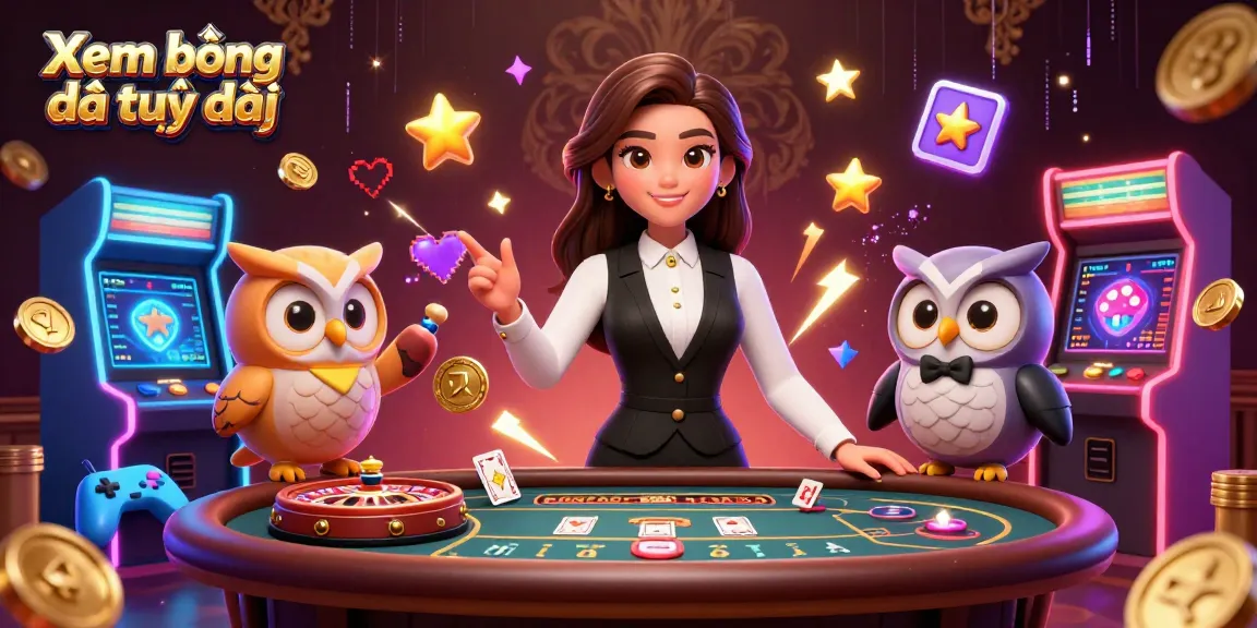 Xem bóng đá trực tiếp with 3D Asian woman dealer at baccarat table and charming owl assistant.