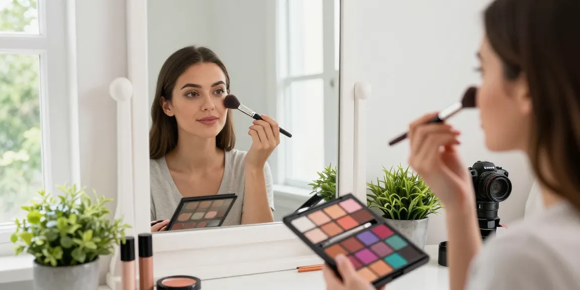 Applying makeup with an angled makeup brush in a bright bathroom.