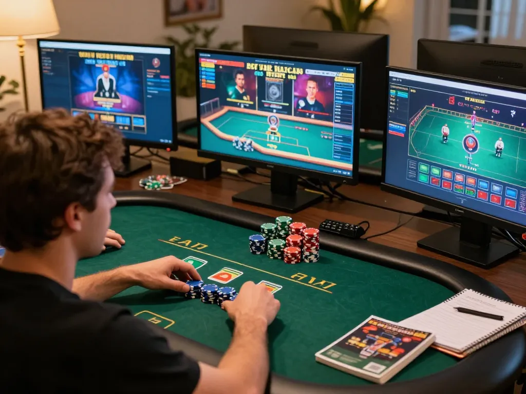Engaging online poker session with u888 gameplay, player strategizing at well-equipped gaming table