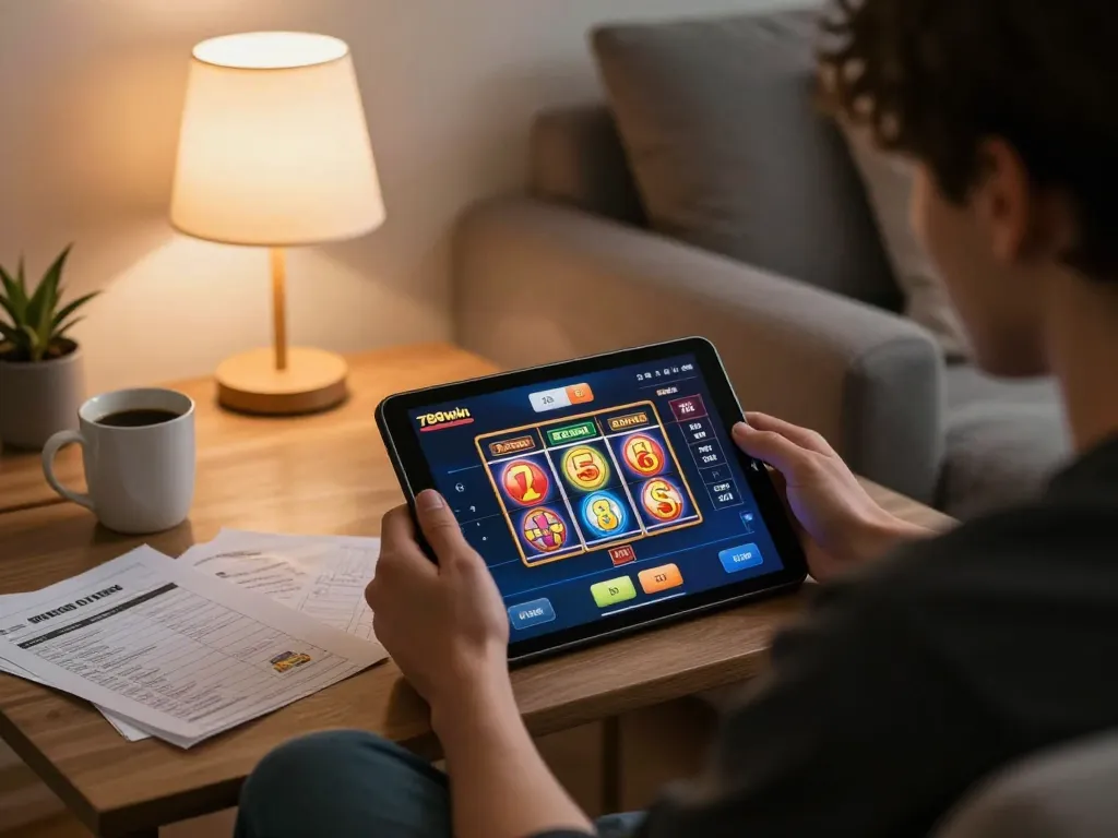 A player engaging with the 789win link app for online casino gaming on a tablet at home.