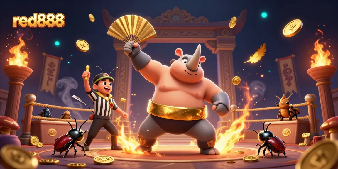 Experience winning with red888 as a beetle champion throws golden coins in a vibrant casino scene.