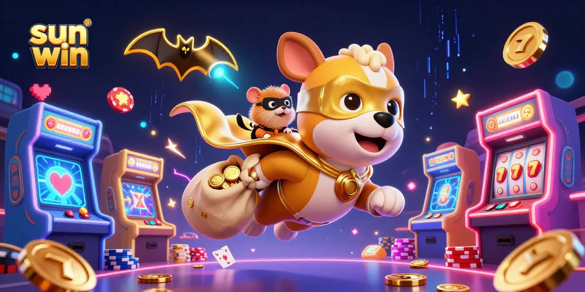 Experience thrilling moments in sun win with a 3D superhero dog and vibrant casino elements.