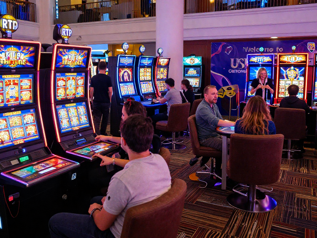 Engaged players enjoying US online casinos in a vibrant gaming scene with high RTP slots and a live dealer table.