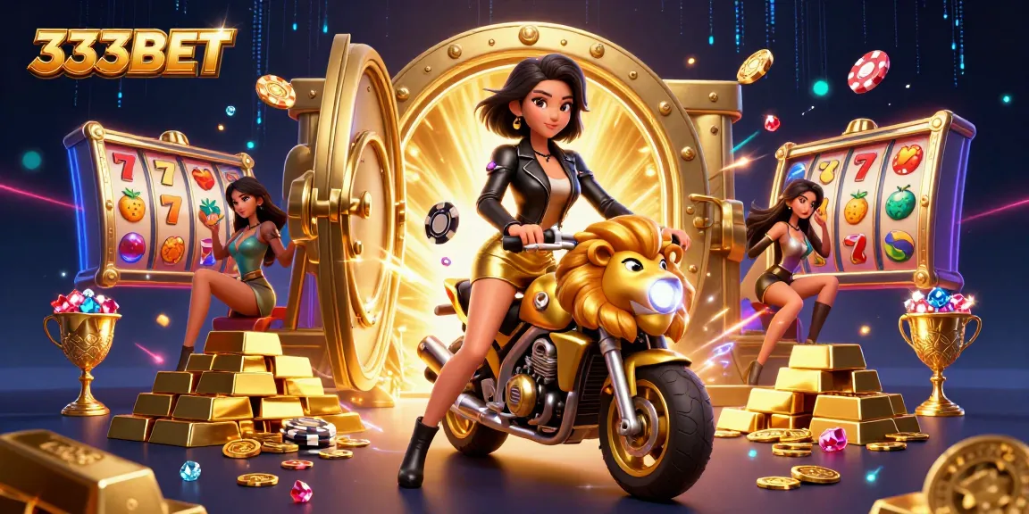 Engage with 333BET's thrilling casino scene featuring a dynamic Asian woman on a golden lion mascot.