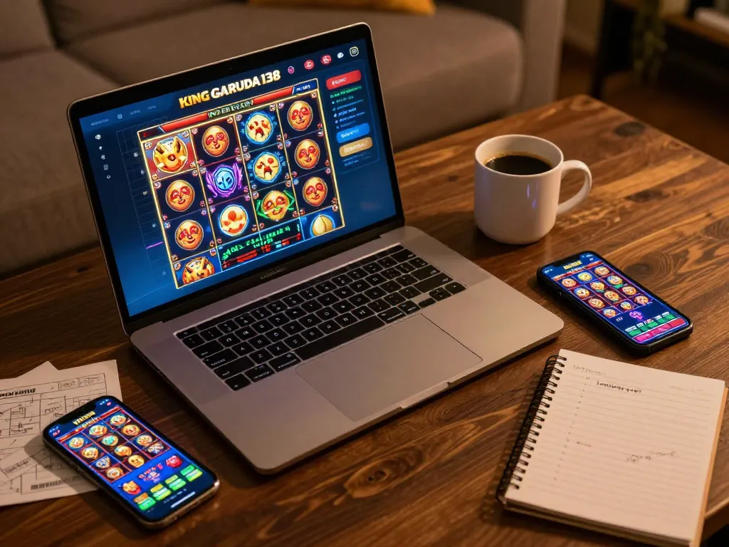 Engaging with KING GARUDA138 online slot games on a laptop and smartphone.