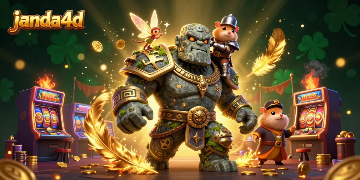 Experience the excitement of janda4d with a magical casino illustration featuring a guardian golem and friends.