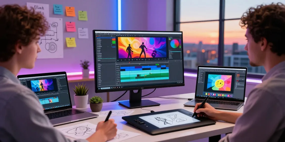Engaging scene of a motion design and VFX masterclass showcasing an animator at work in a vibrant studio environment