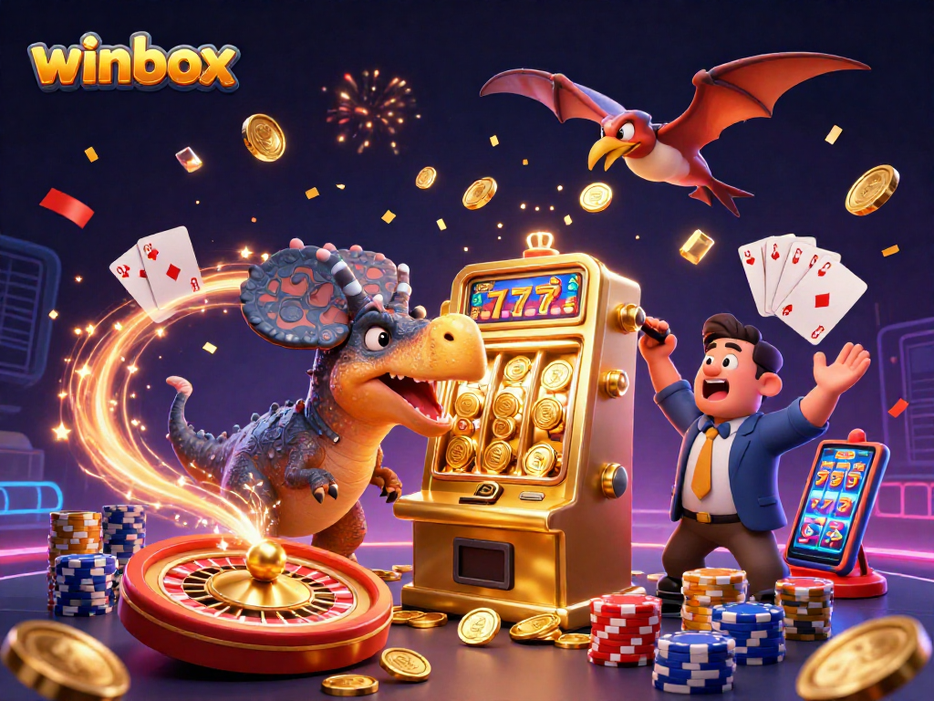 Experience the excitement of winbox with a dinosaur-themed jackpot scene featuring a golden slot machine and vibrant casino elements.