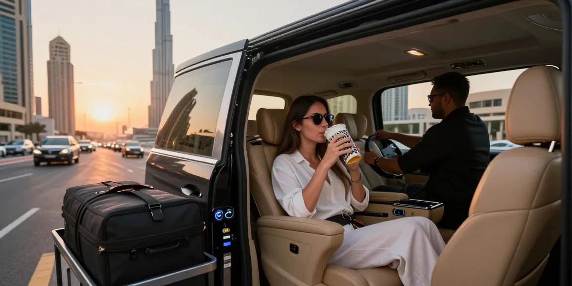Luxury airport transfers service Dubai, showcasing a traveler in comfort and style during their transfer.