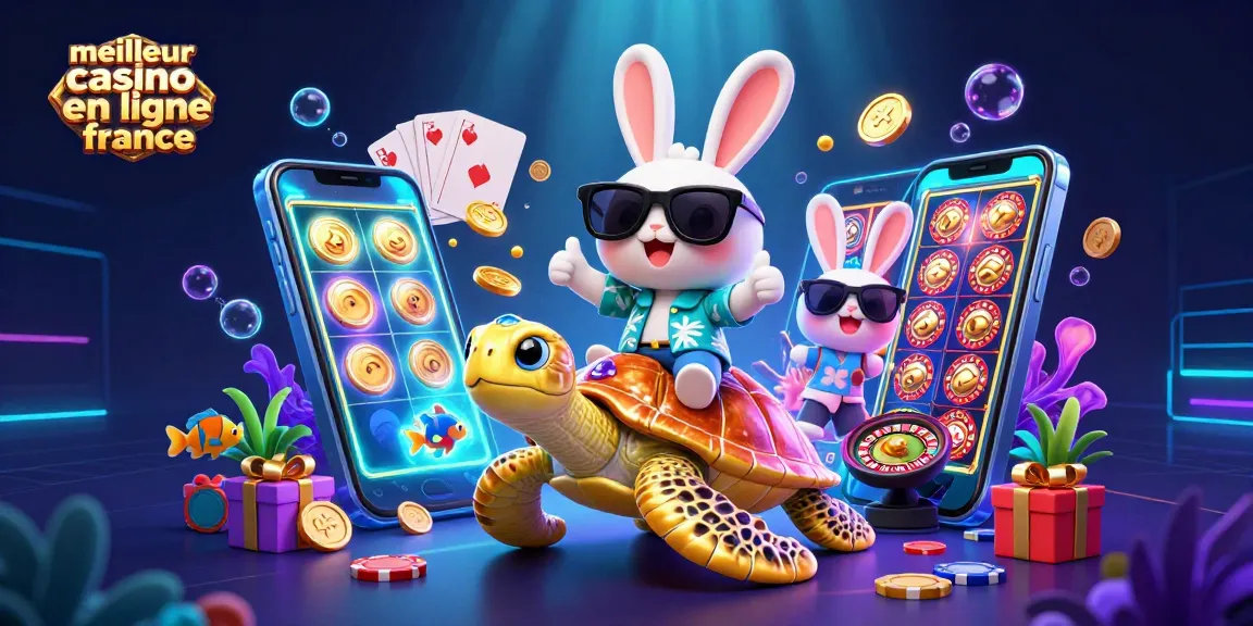 Illustration du meilleur casino en ligne France montrant un lapin chanceux et une tortue géante dans une scène vibrante.