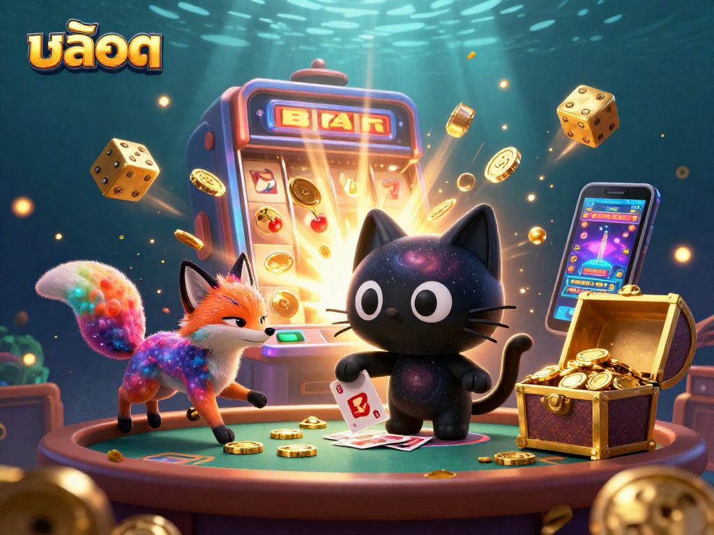 Experience excitement with สล็อต as a cartoon black hole cat draws in chips at a cosmic casino table.
