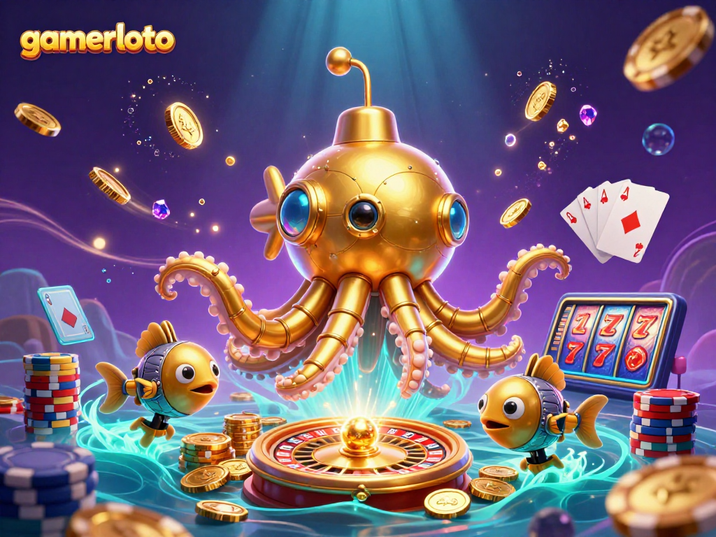 Engage with gamerloto's vibrant casino scene featuring a golden kraken and dynamic game elements.