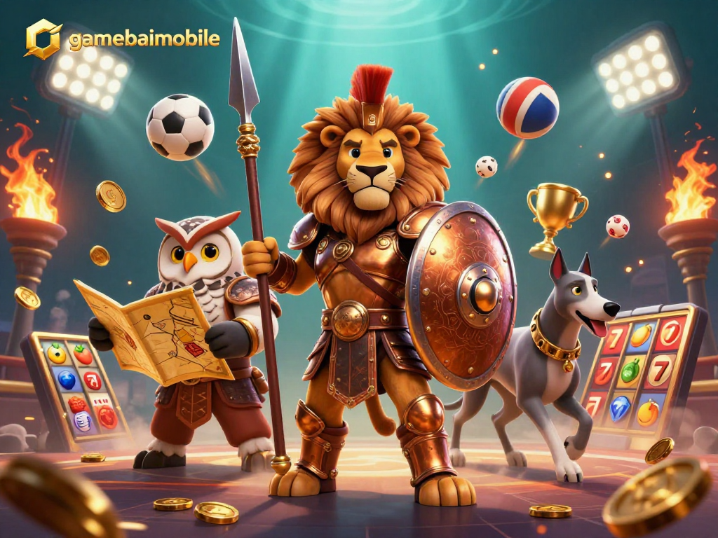 Engage with gamebaimobile's vibrant casino world featuring a Spartan lion and exciting sports elements.