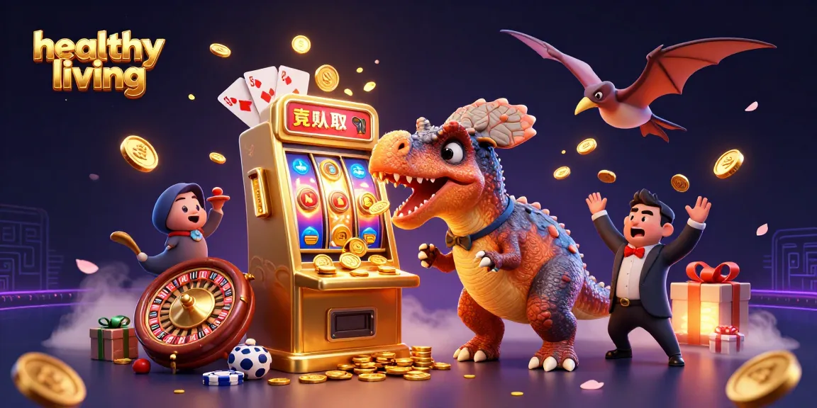 Engaging scene of healthy living with a dinosaur winning a jackpot at a colorful casino