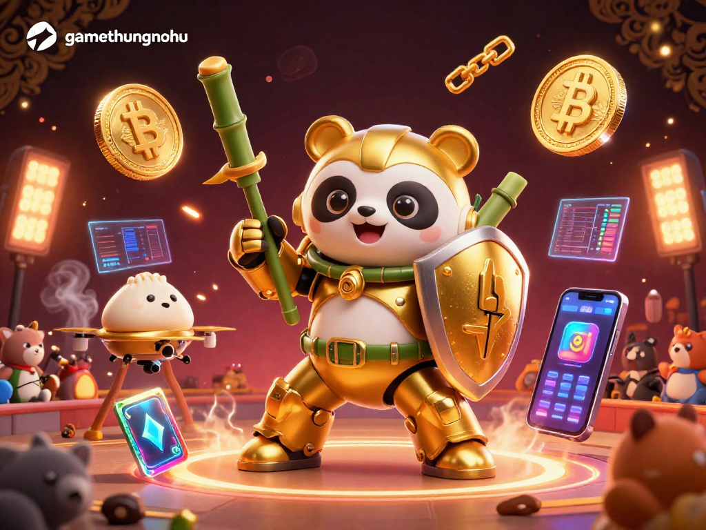 Engage with gamethuongnohu and experience an electrifying golden panda battle amidst cryptocurrency symbols.
