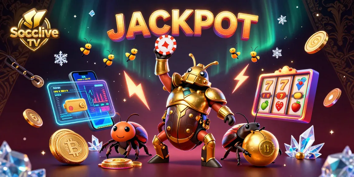 Socolive TV showcases a joyous hercules beetle in victory at a vibrant casino scene filled with gold and crypto elements.