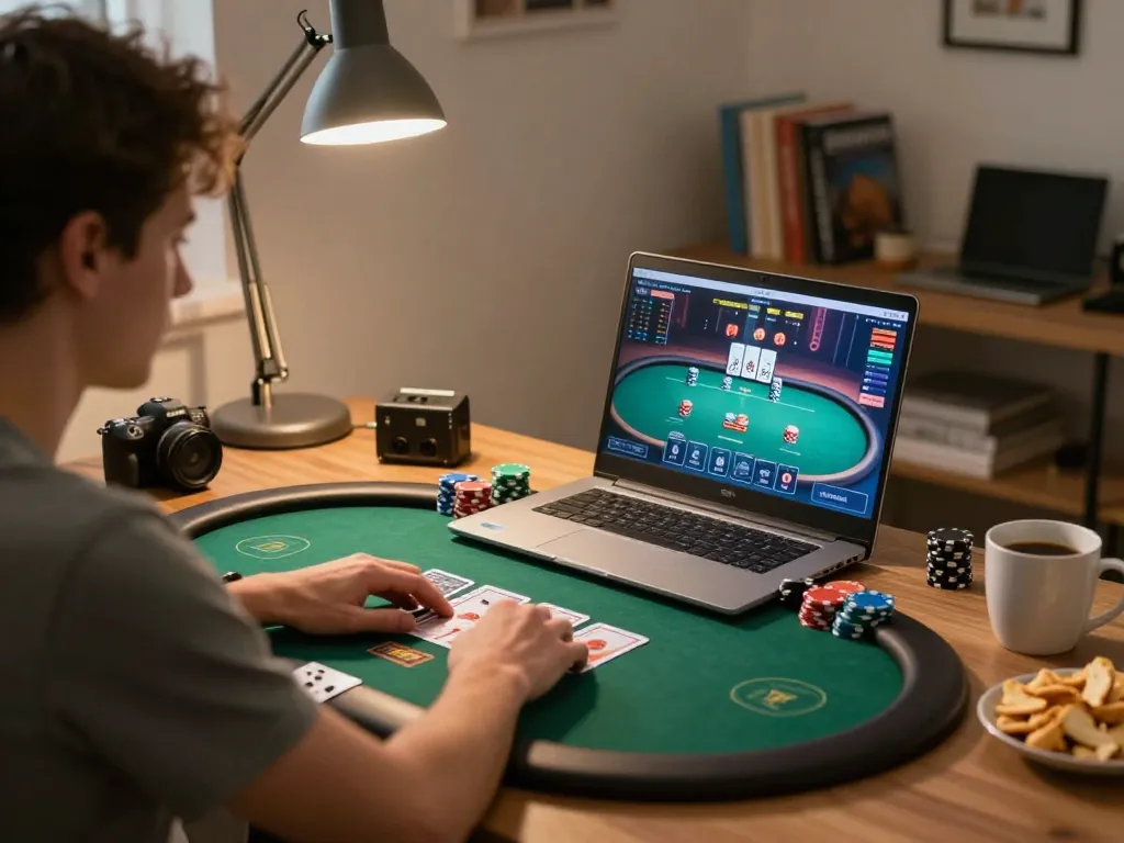 Players engaged in an online poker game at home using 23win for an immersive gambling experience