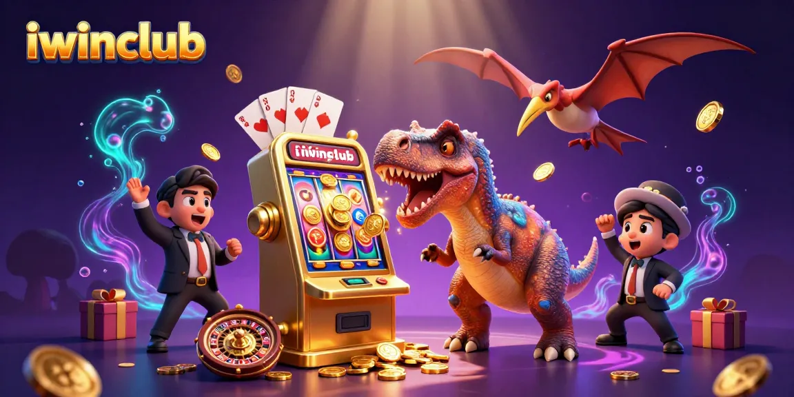 iwinclub showcases a dynamic cartoon scene of a dinosaur hitting a slot machine, winning coins and excitement.
