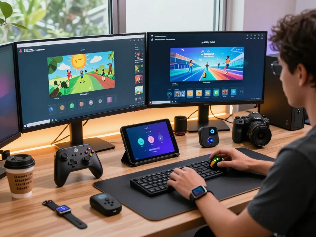 Discover unique tech gadgets in a vibrant workspace with innovative devices and tech accessories.