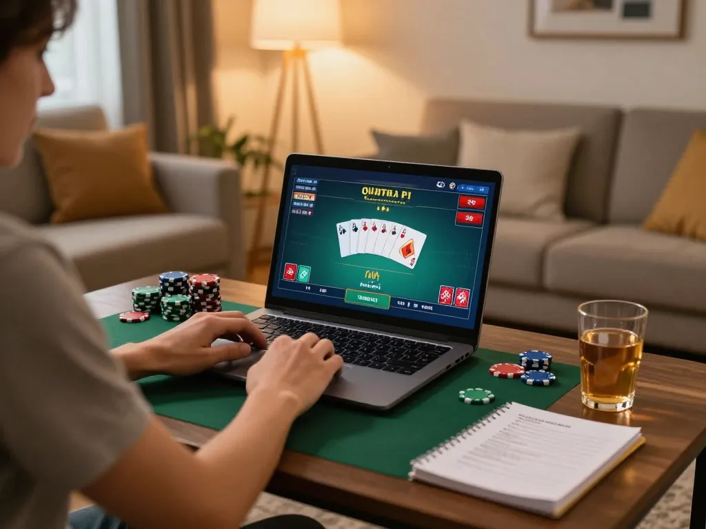 Engage in strategic online gameplay at pintu888top, showcasing poker on a laptop with notes nearby.