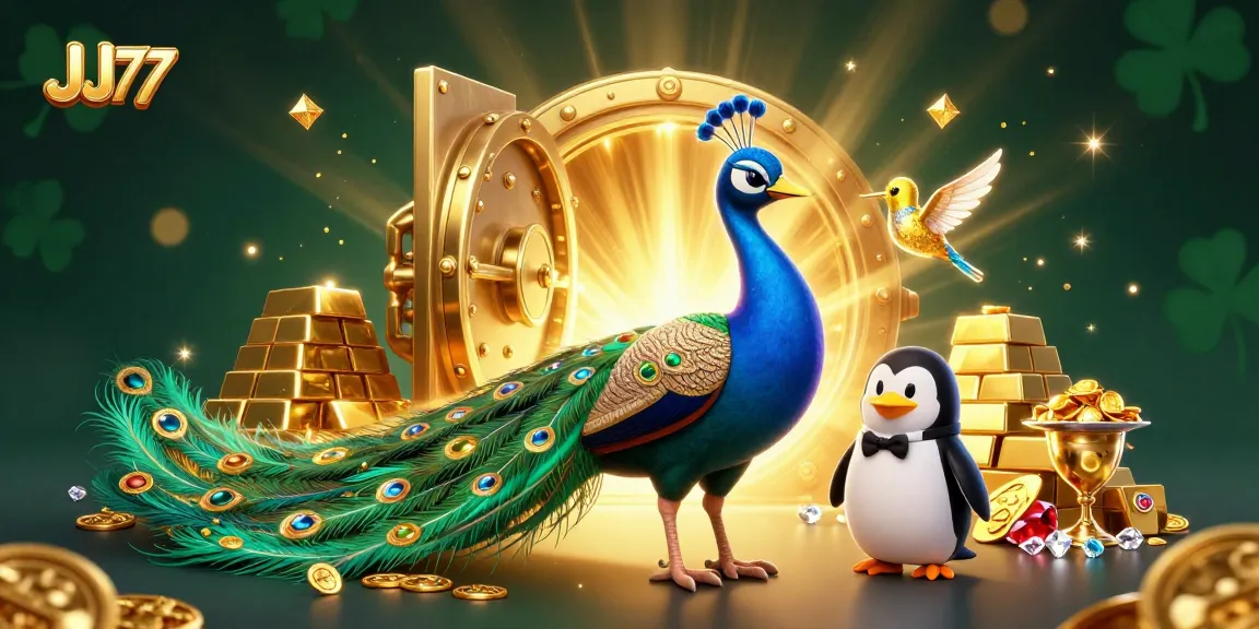 Experience thrilling gameplay with JJ77, where a colorful peacock and penguin serve golden chips in a vibrant casino.