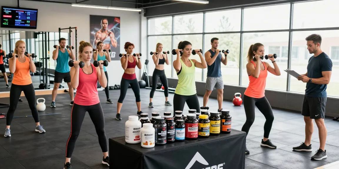Group of fitness enthusiasts at the Driada Medical Shop training session showcasing supplements and workout gear.
