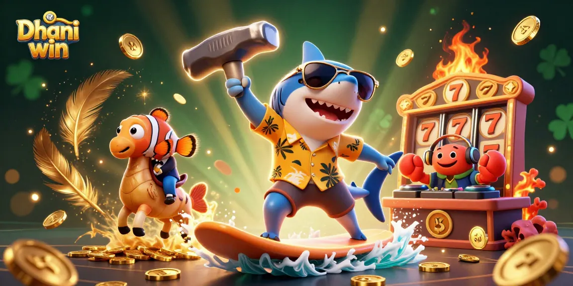 Dhani win features a vibrant casino scene with a shark, clownfish, and crab in an ocean of gold coins.