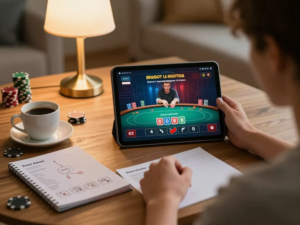 Engaged player using GOOD88 app for online gambling strategy in a cozy home setting.