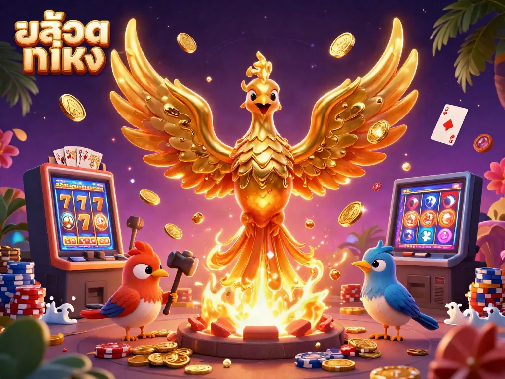 Engage with สล็อตแท้ตรง featuring a molten phoenix, gold coins, and vibrant casino elements.