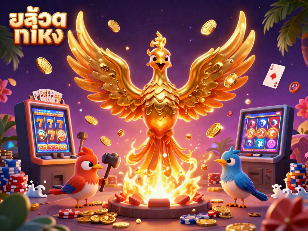 Engage with สล็อตแท้ตรง featuring a molten phoenix, gold coins, and vibrant casino elements.