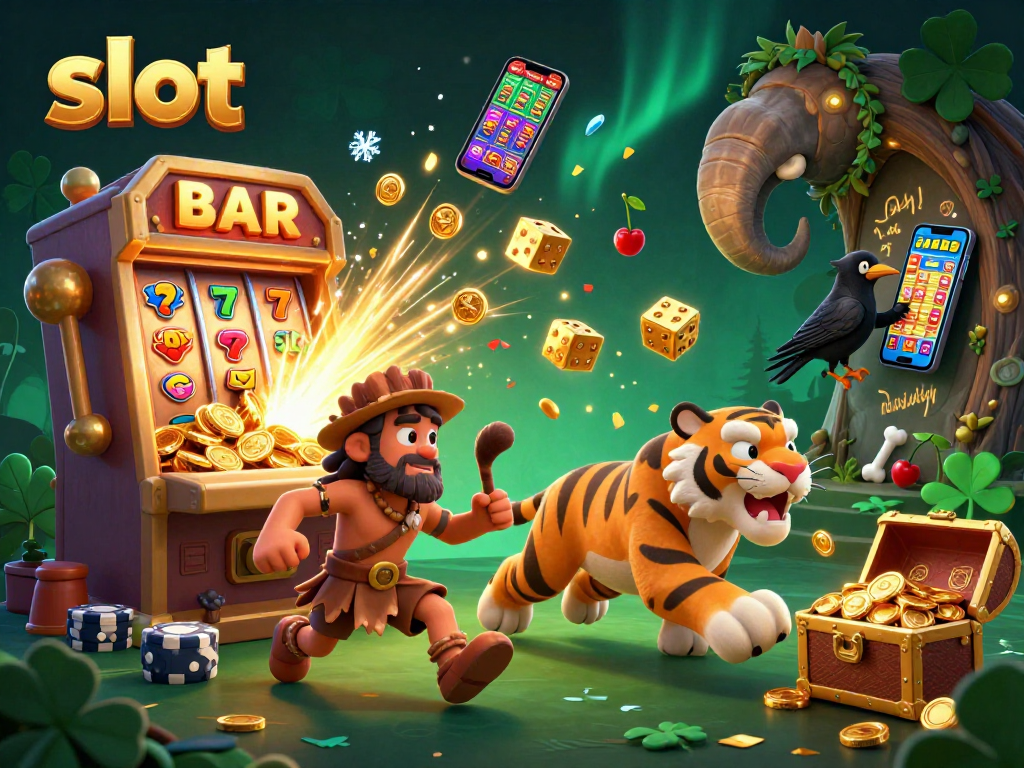 Experience thrilling slot gameplay with a vibrant 3D illustration of a prehistoric casino scene featuring unique characters and exciting elements.