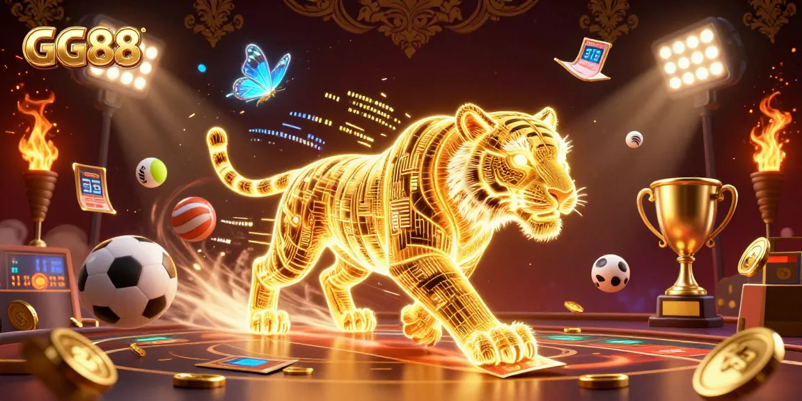 Experience the vibrant energy of GG88 casino gaming with a neon wireframe tiger and dynamic sports elements.