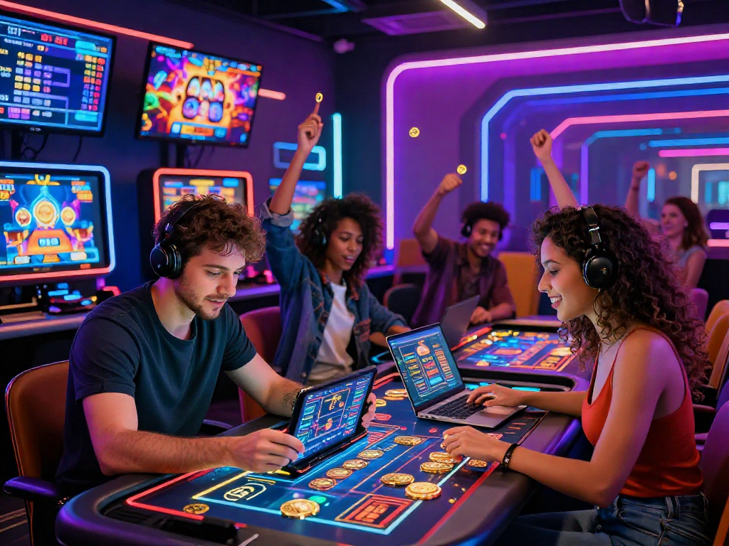 Exciting crypto casino scene with diverse players engaging in digital games, showcasing innovative technology and vibrant atmosphere.