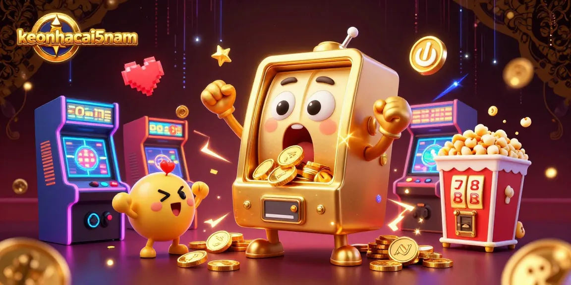 Experience thrilling wins with keonhacai5nam as golden slot machines cheer in a vibrant 3D gaming scene.