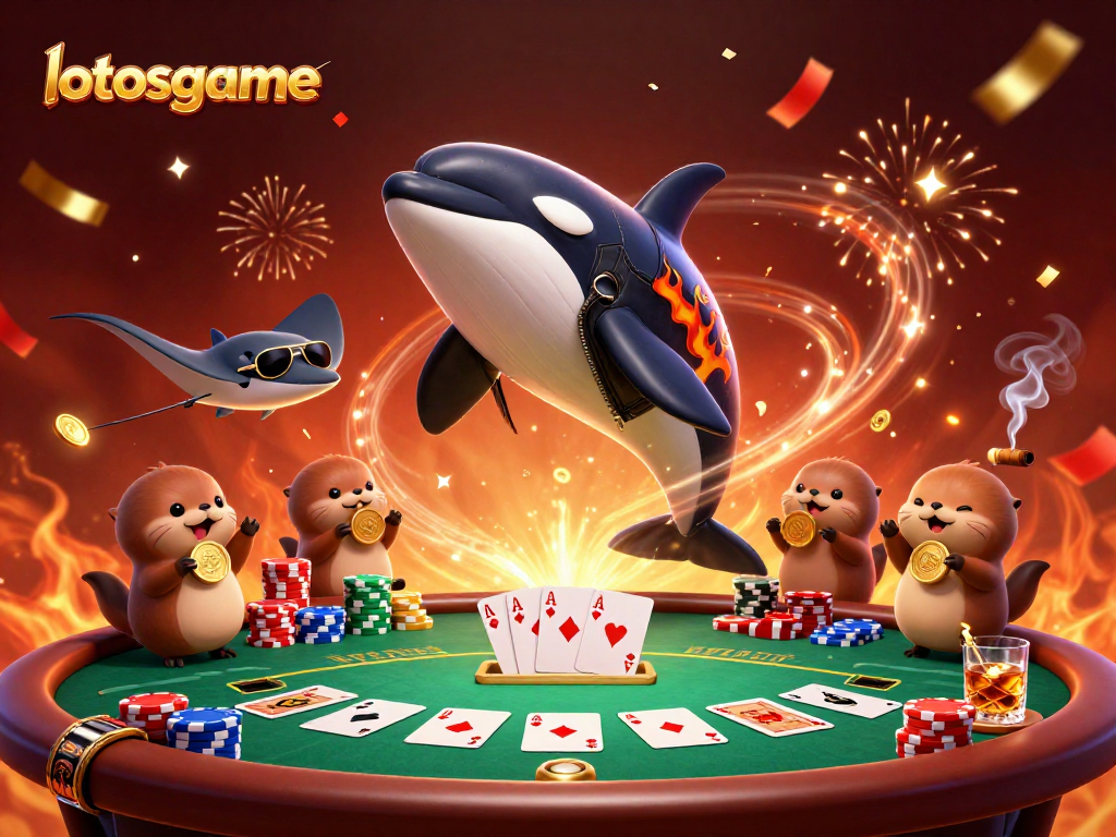 Experience excitement with lotosgame in a vibrant casino-themed illustration featuring playful aquatic characters.