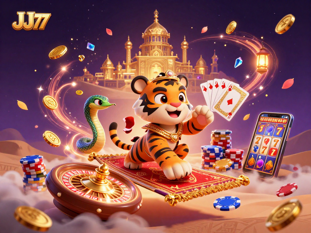 Experience the magic of JJ77 with a vibrant 3D casino scene featuring a tiger sultan, riches, and gaming excitement.